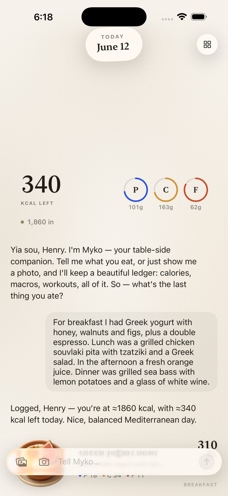 The Mykonos conversation — Myko logging a meal with calories and macros
