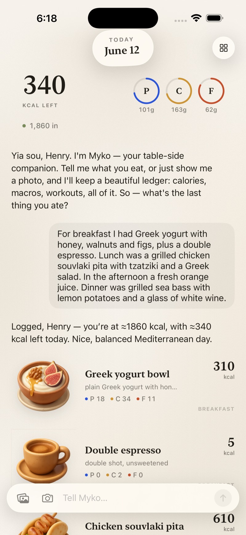 Logged meals as 3D plate cards