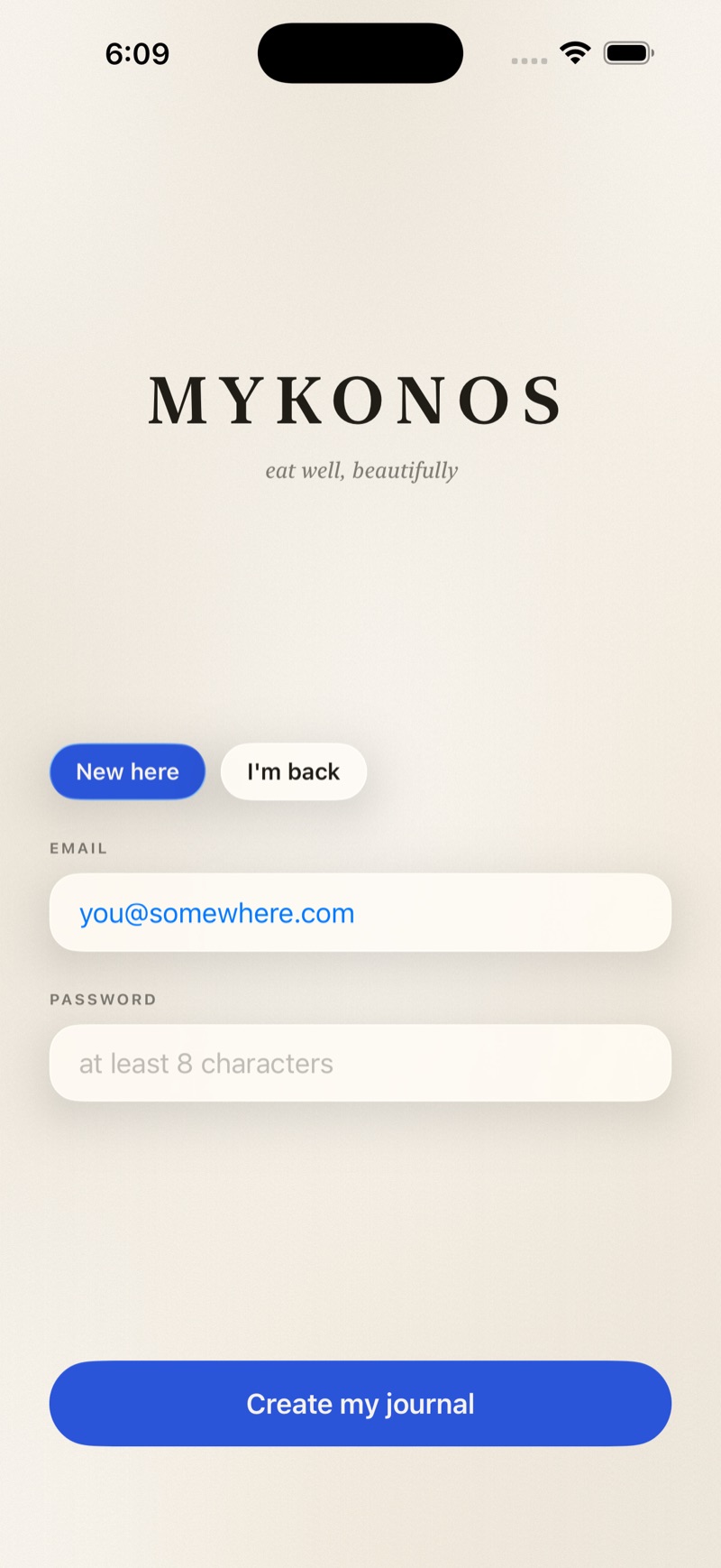 The Mykonos welcome screen